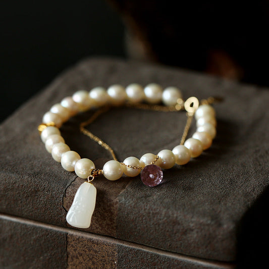 Natural Perfect Round Freshwater Pearl & Emerald Jade stone Bracelet