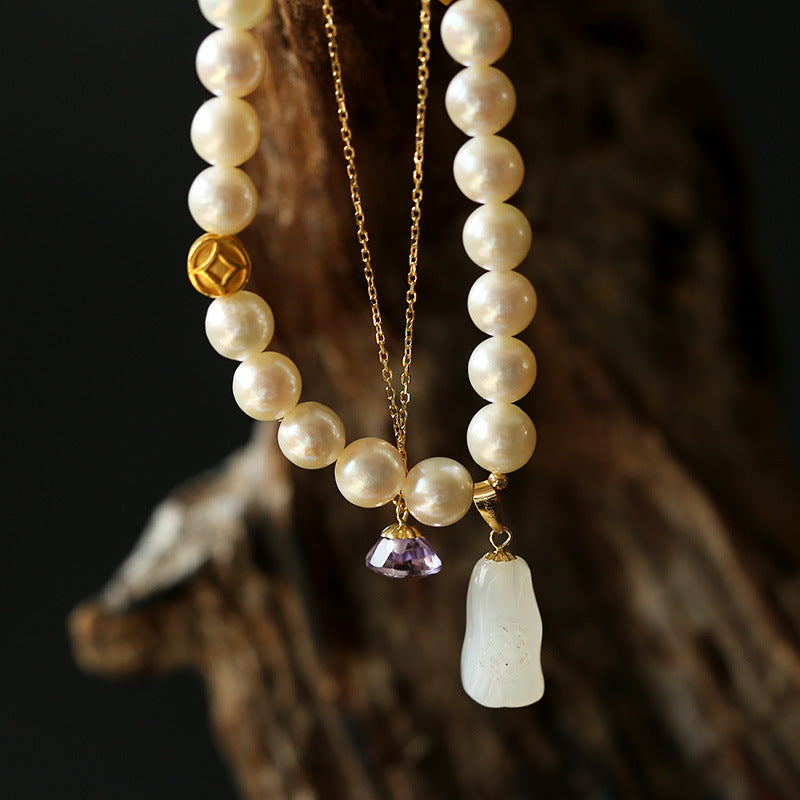 Natural Perfect Round Freshwater Pearl & Emerald Jade stone Bracelet