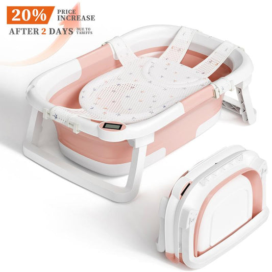 Safety Collapsible Baby Bathtub with Temperature Monitor, Floating Cushion, Foldable Bath Tub for Newborns & Toddlers, Drainage & Space-Saving Design