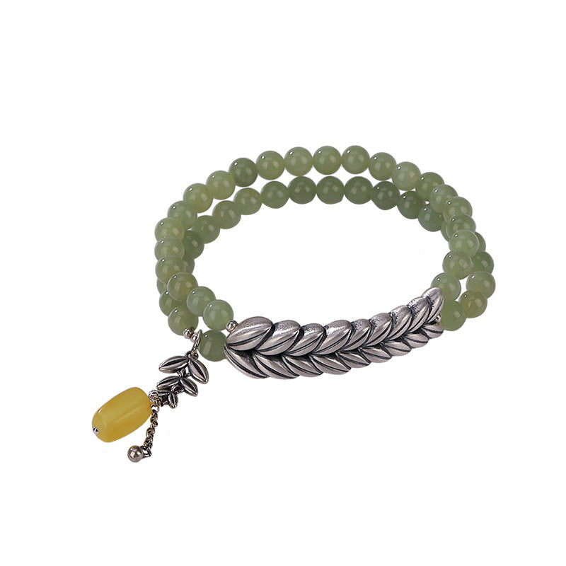 Double layer sterling silver Wheat ear beeswax pendant Emerald Jade Stone bracelet
