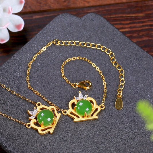 Diamond Crown Emerald Jade Stone Pendant Bracelet