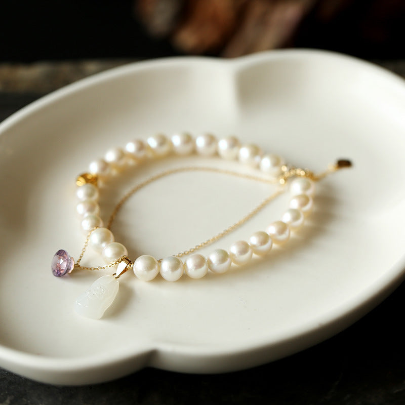 Natural Perfect Round Freshwater Pearl & Emerald Jade stone Bracelet