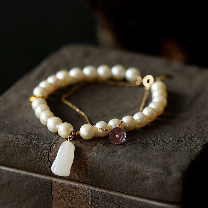 Natural Perfect Round Freshwater Pearl & Emerald Jade stone Bracelet