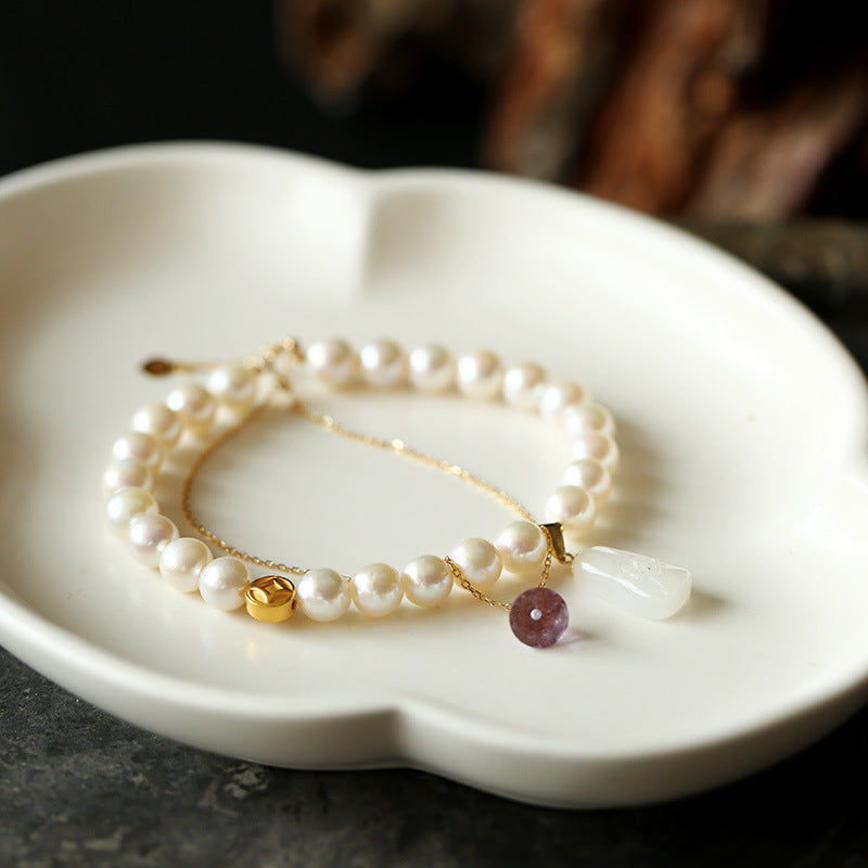 Natural Perfect Round Freshwater Pearl & Emerald Jade stone Bracelet