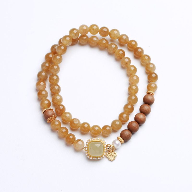 Natural Sugar color Emerald Jade Stone&Sandalwood Double Circle Bracelet