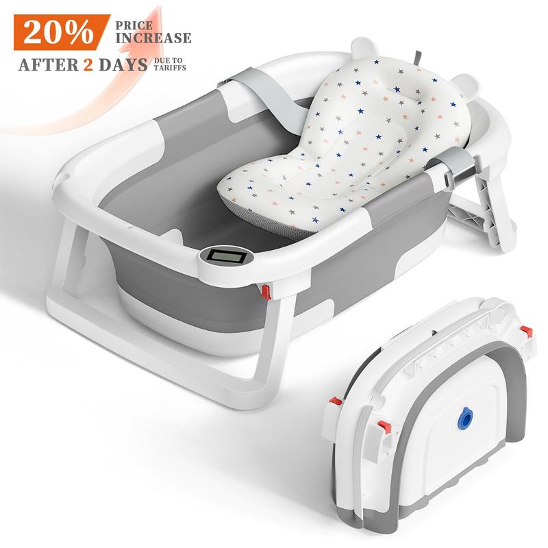 Safety Collapsible Baby Bathtub with Temperature Monitor, Floating Cushion, Foldable Bath Tub for Newborns & Toddlers, Drainage & Space-Saving Design