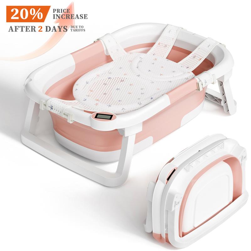 Safety Collapsible Baby Bathtub with Temperature Monitor, Floating Cushion, Foldable Bath Tub for Newborns & Toddlers, Drainage & Space-Saving Design