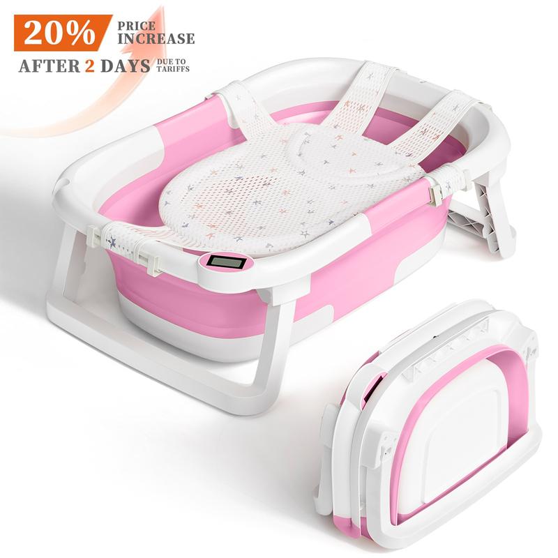 Safety Collapsible Baby Bathtub with Temperature Monitor, Floating Cushion, Foldable Bath Tub for Newborns & Toddlers, Drainage & Space-Saving Design