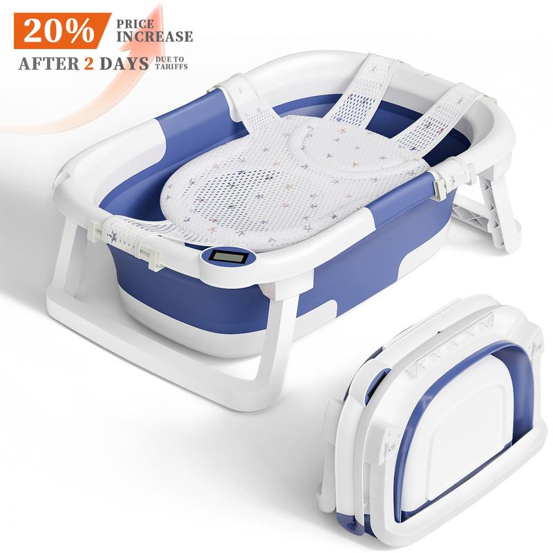 Safety Collapsible Baby Bathtub with Temperature Monitor, Floating Cushion, Foldable Bath Tub for Newborns & Toddlers, Drainage & Space-Saving Design