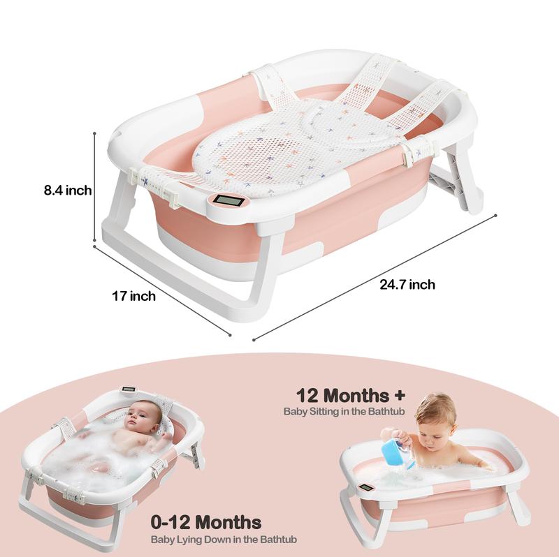 Safety Collapsible Baby Bathtub with Temperature Monitor, Floating Cushion, Foldable Bath Tub for Newborns & Toddlers, Drainage & Space-Saving Design
