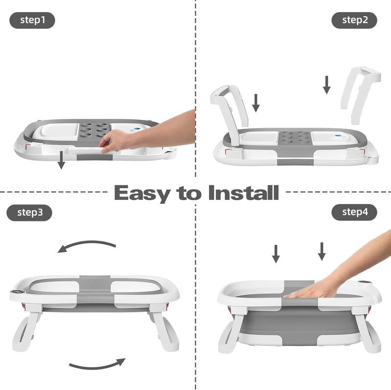 Safety Collapsible Baby Bathtub with Temperature Monitor, Floating Cushion, Foldable Bath Tub for Newborns & Toddlers, Drainage & Space-Saving Design