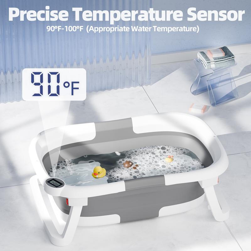 Safety Collapsible Baby Bathtub with Temperature Monitor, Floating Cushion, Foldable Bath Tub for Newborns & Toddlers, Drainage & Space-Saving Design