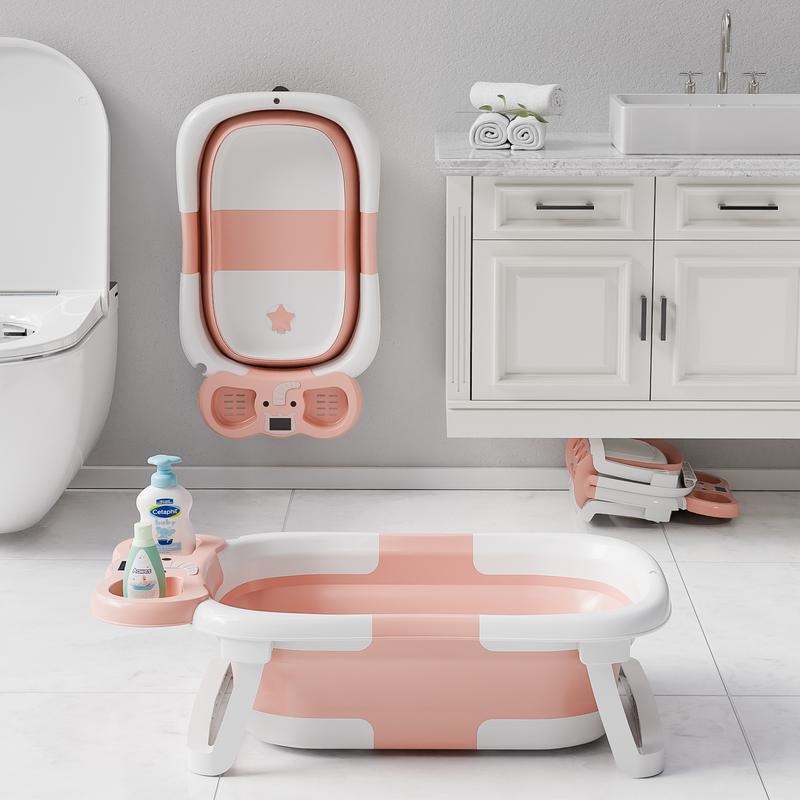 Safety Collapsible Baby Bathtub with Temperature Monitor, Floating Cushion, Foldable Bath Tub for Newborns & Toddlers, Drainage & Space-Saving Design