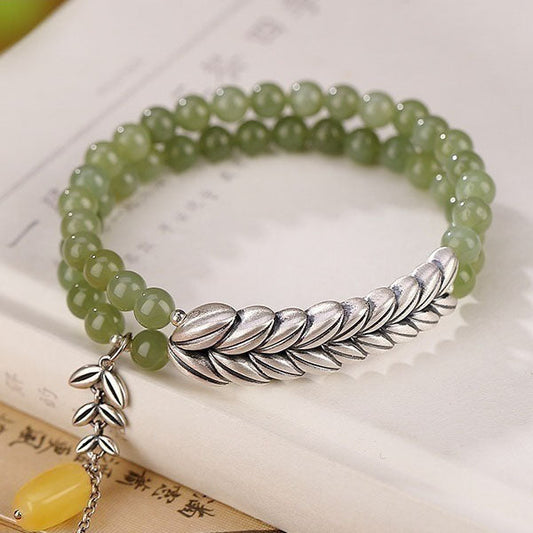 Double layer sterling silver Wheat ear beeswax pendant Emerald Jade Stone bracelet