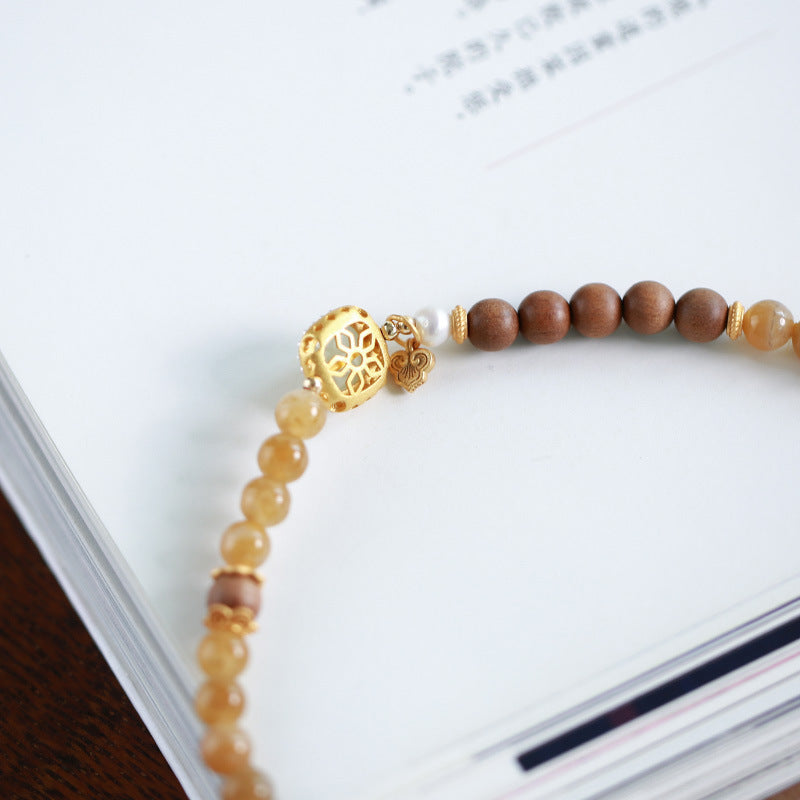 Natural Sugar color Emerald Jade Stone&Sandalwood Double Circle Bracelet