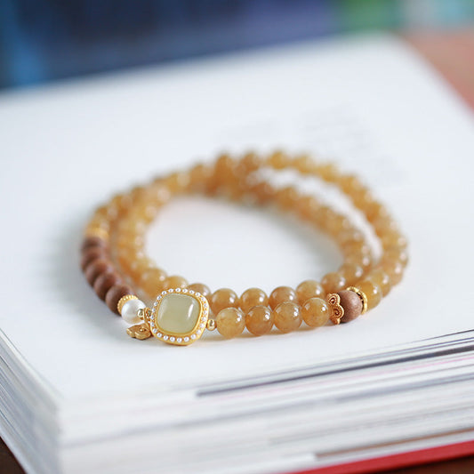 Natural Sugar color Emerald Jade Stone&Sandalwood Double Circle Bracelet