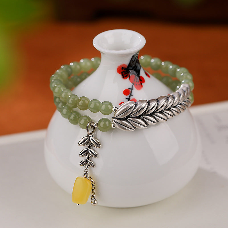 Double layer sterling silver Wheat ear beeswax pendant Emerald Jade Stone bracelet
