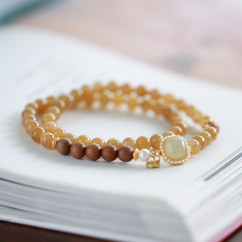 Natural Sugar color Emerald Jade Stone&Sandalwood Double Circle Bracelet