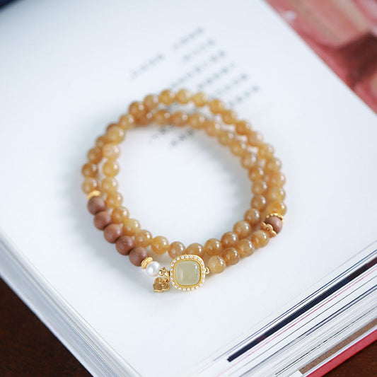 Natural Sugar color Emerald Jade Stone&Sandalwood Double Circle Bracelet