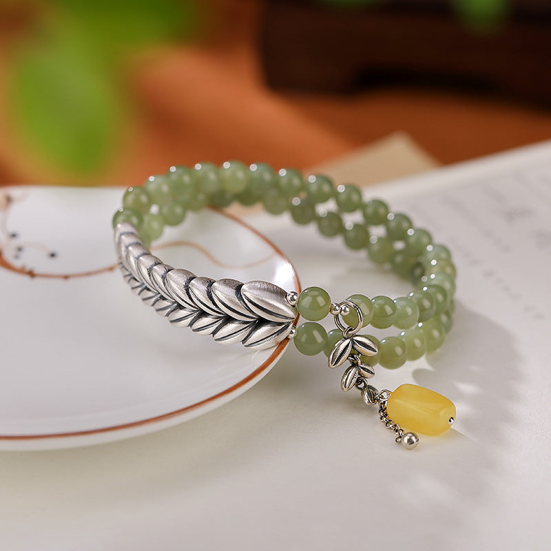 Double layer sterling silver Wheat ear beeswax pendant Emerald Jade Stone bracelet