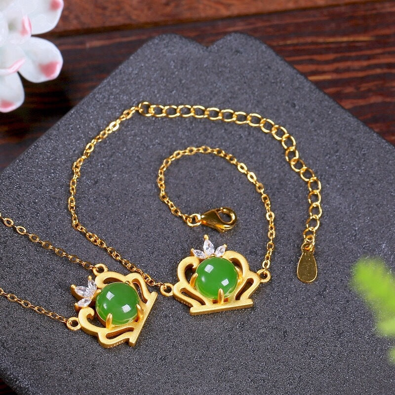 Diamond Crown Emerald Jade Stone Pendant Bracelet