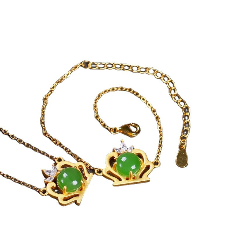 Diamond Crown Emerald Jade Stone Pendant Bracelet